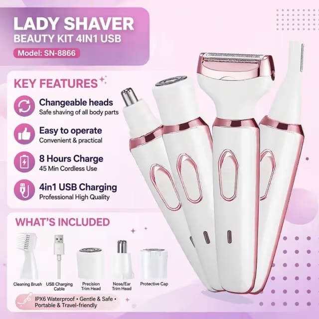 CUVLY 4-in-1 Lady Shaver Beauty Kit | Rechargeable USB Women's Trimmer | Body, Face, Nose, Eyebrow Trimmer | Painless Hair Removal